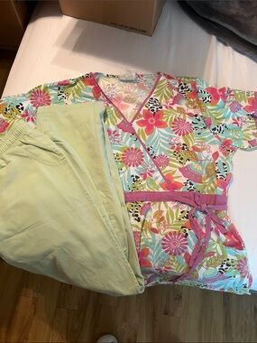 Floral Wrap Scrub Top with Mint Green Drawstring Pants - Pink & Mint